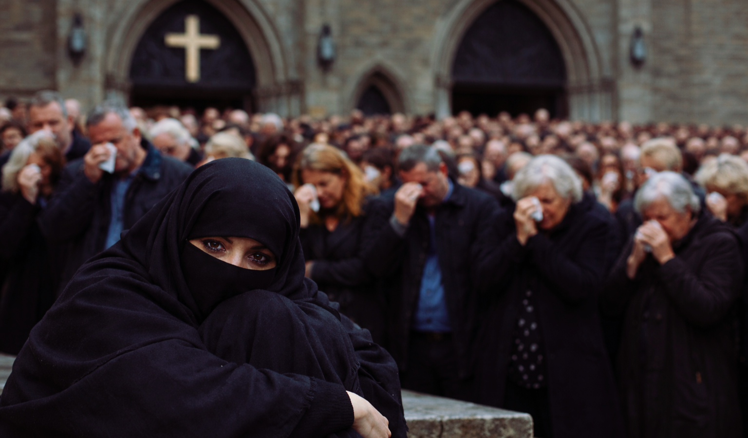খ্রিষ্টান উপাসনালয়ের সামনে চোখে পানি নিয়ে দাঁড়িয়ে থাকা মার্কিন নও মুসলিম নারী