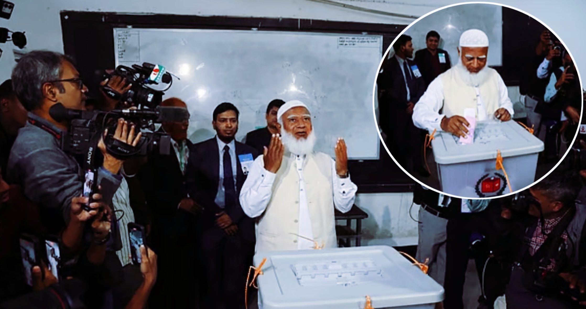 মিরপুরে ভোট দিয়ে দু হাত তুলে দোয়া করছেন জামায়াত আমীর ডা শফিকুর রহমান